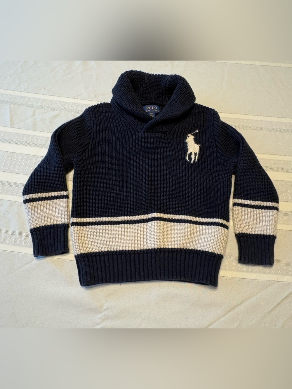 Polo by Ralph Lauren Navy & White Shawl-Collar Knit Sweater